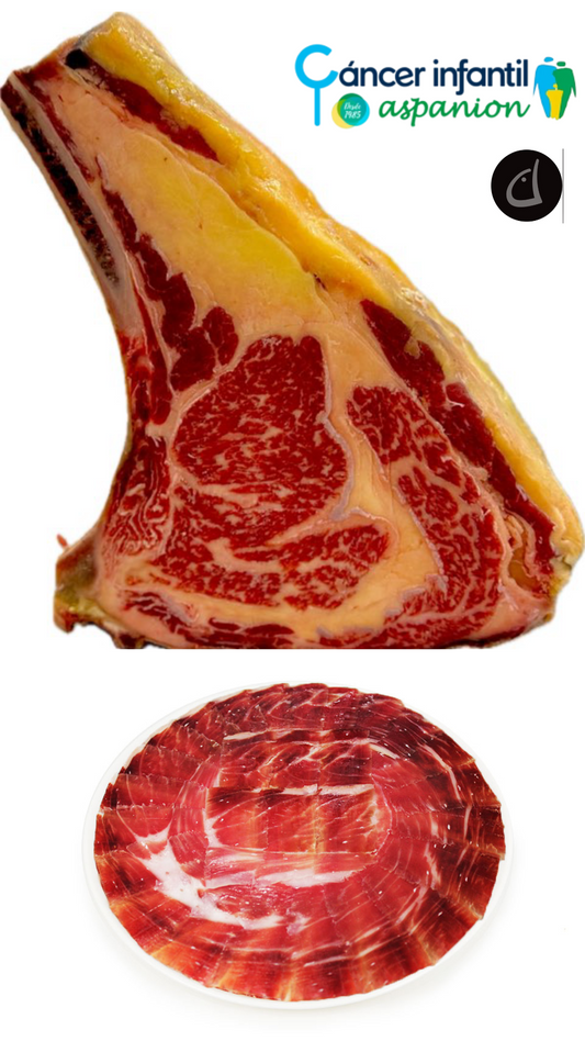 ¡Solidarízate  ! Ayuda a niños afectados   que luchan contra el cáncer con Aspanion. Colabora con 10 €, al adquirir  nuestra Caja Solidaria Dana: 1 chuletón madurado de 1 kilo  de vaca Frisona y 100 G. de jamón ibérico 100 %. 💙(o producto similar)